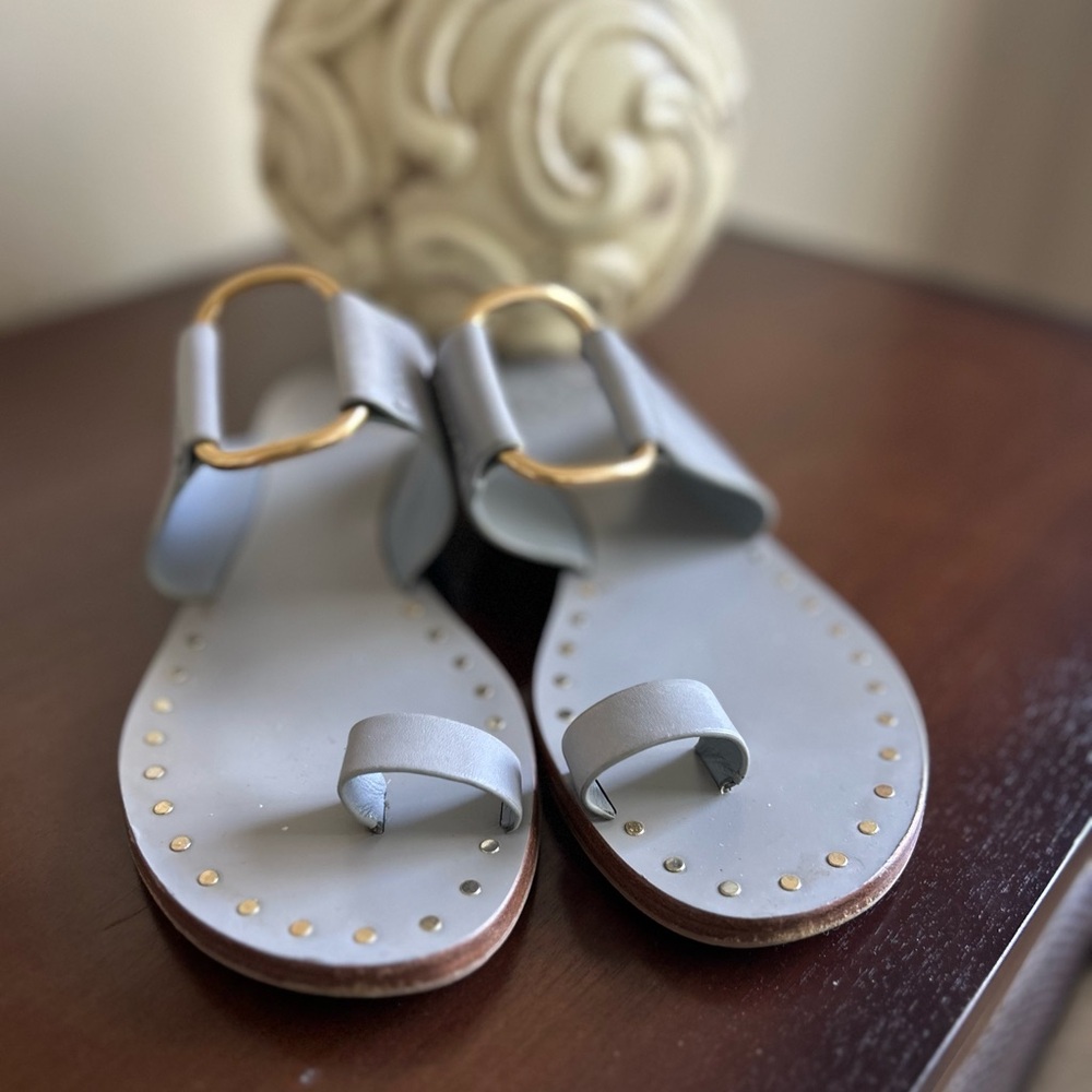 Tory Burch Elegant Gray Leather Slides Sandals with Gold Stud Accents